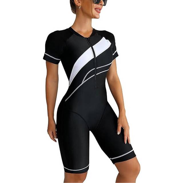 (2XL, Black White) Womens One Piece Rash Guard Swimming Costume Women Long Sleeve  Swimsuit Zip Up Surf Bathing