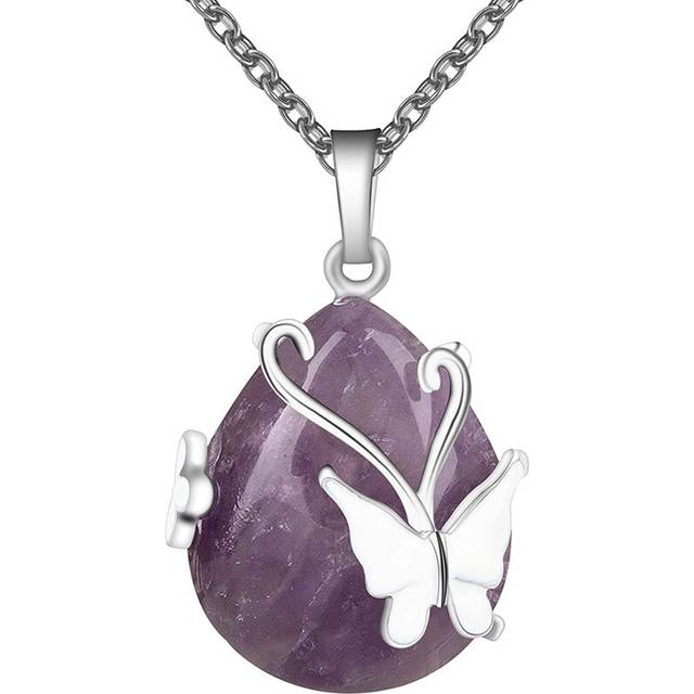 Vintage Wire Wrap Butterfly Gemstone Rose Quartz Opalite Healing Crystal Pendant Necklace-B