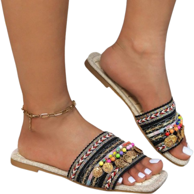WRCVS Women Chain & Embroidered Flat Sandals, Beige Color Slip-On Casual Bohemian Style Woven Flat Sandals For Summer