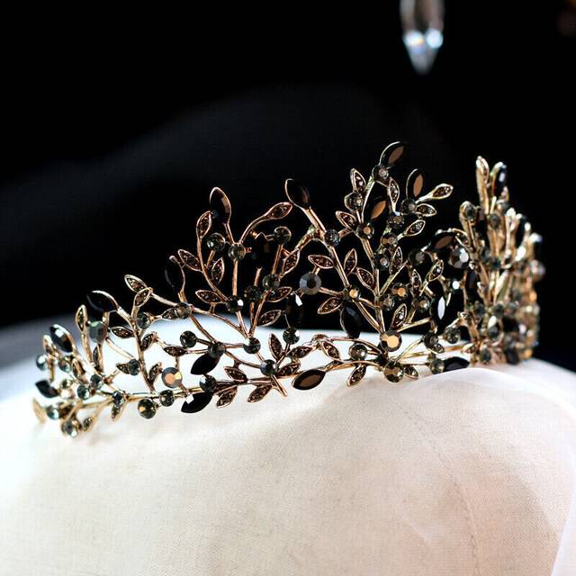7cm Tall Black Leaf Crystal Gold Tiara Wedding Bridal Queen Princess Prom Crown