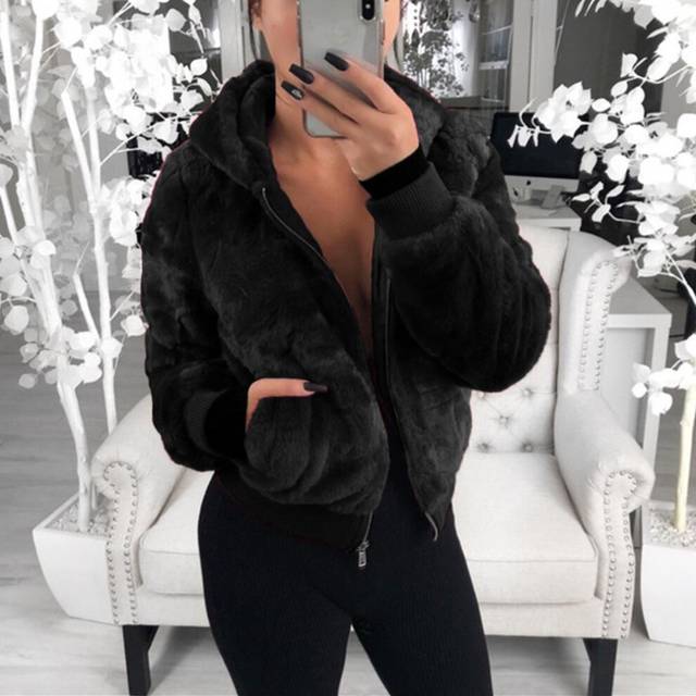 (black, XL) Women&apos;s Autumn And Winter Jacket Hooded Bunny Fur Grass Short Coat Female