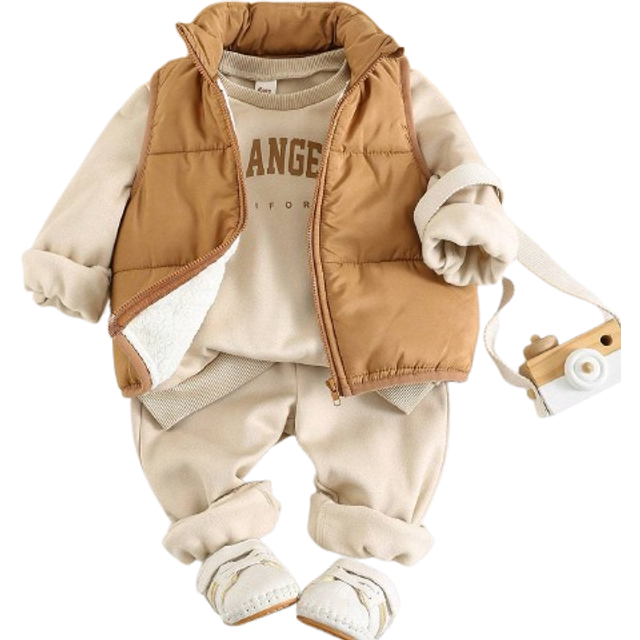 Cozy Pixies 3pcs Baby Boy Set: Letter Print Soft Knitted Crew Neck Long Sleeve Hoodie, Drawstring Pants, And Sleeveless Vest , Fall Clothes