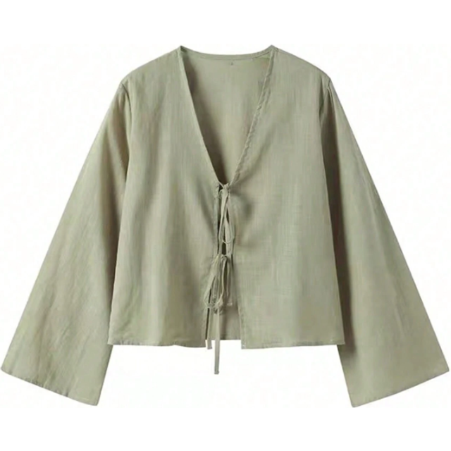 INAWLY Women&#39;s Vacation Casual Solid Color Tie Front Flare Sleeve Blouse Women Shirt