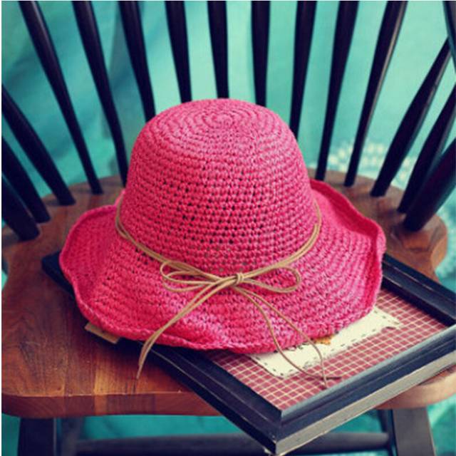 (Red) Hat Versatile Style Straw Woven Sweet Bow Solid Colored Fisherman Hatscaps