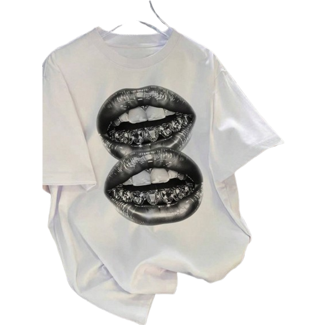 SHEIN Teen Girls&#39; Casual Rhinestone Decorated Lip Print Short Sleeve Sweatshirt