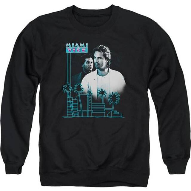 Trevco Sportswear NBC520-AS-3 Miami Vice Looking Out Adult Crewneck Sweatshirt, Black - Large