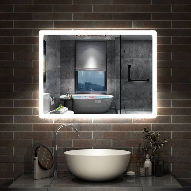 LED Bathroom Mirror with 3 Color Lights Demister Pad Anti-fog Bluetooth Dimmable Touch Switch Wall Mounted Horizontal, 800x600mm