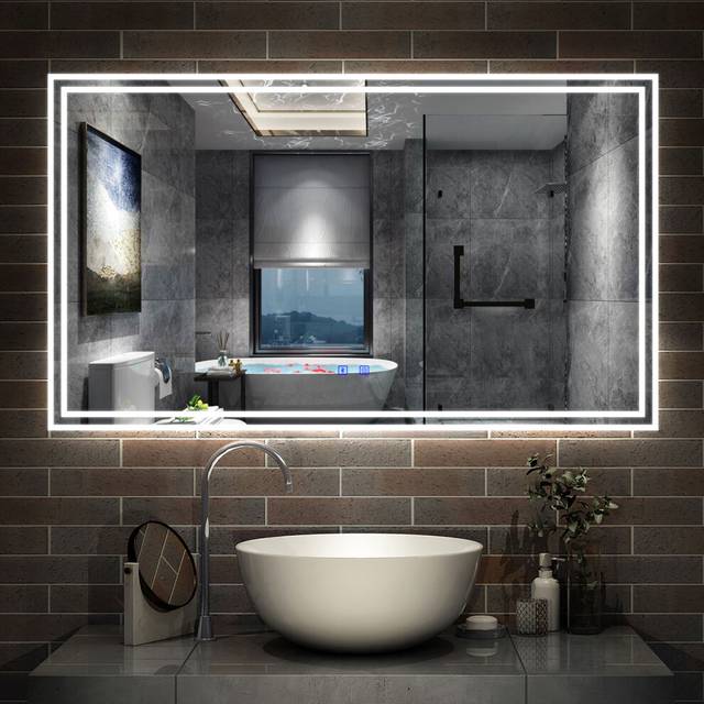 LED Bathroom Mirror with 3 Color Modes Demister Pad Anti-fog Bluetooth Dimmable Touch Switch Wall Mounted Horizontal, 1200x700mm