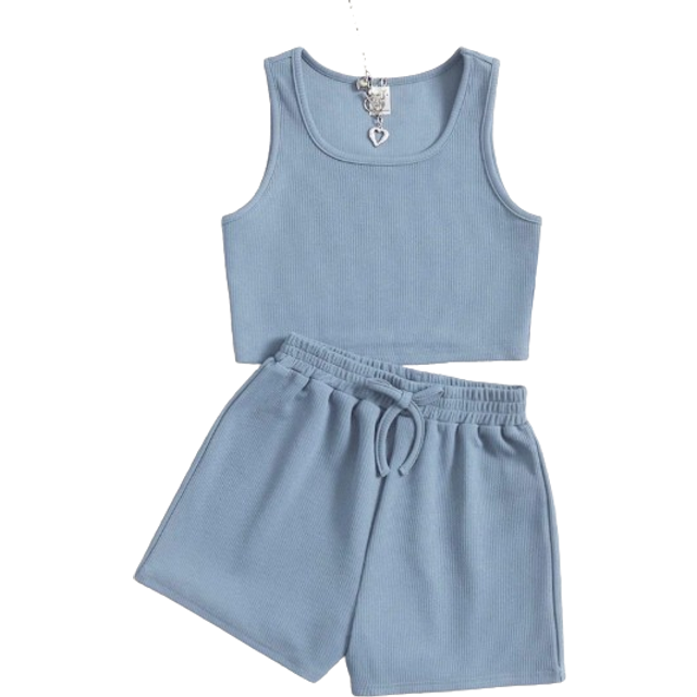 SHEIN Tween Girl Solid Tank Top & Knot Waist Shorts SummerOutfits