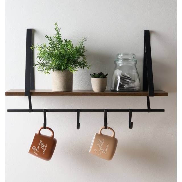 Wooden Shelving Hooks Kitchen Display Cup Holder Office Wall Storage Organiser - Black - One Size