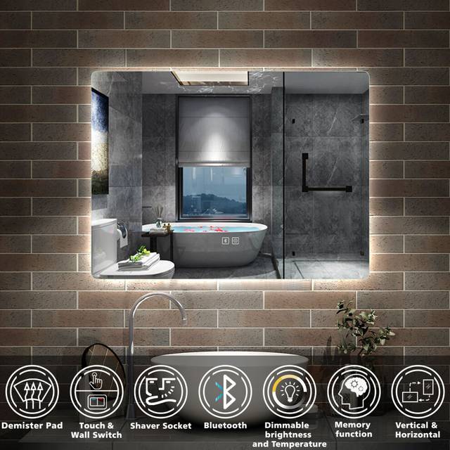 Bluetooth Bathroom LED Mirror with Shaver Socket, Wall Mounted LED Bluetooth Mirror with 3 Colors Lighting, Demister, 500x700mm Horizontal Vertical