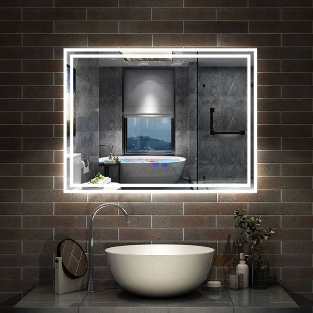 LED Bathroom Mirror with 3 Color Modes Demister Pad Anti-fog Bluetooth Dimmable Touch Switch Wall Mounted Horizontal, 800x600mm
