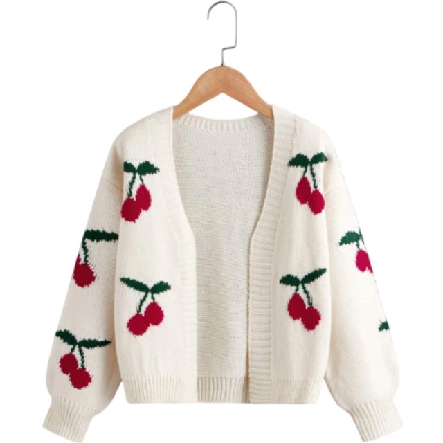 SHEIN Tween Girl Cherry Pattern Drop Shoulder Duster Cardigan