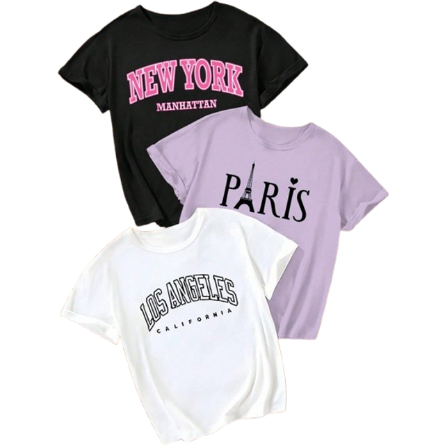 SHEIN Teen Girls  Short-Sleeved Three-Piece Set With Special Letter Printing NEW YORK Paris Regional City Culture Customs Special Printed T-Shirt Design Sen