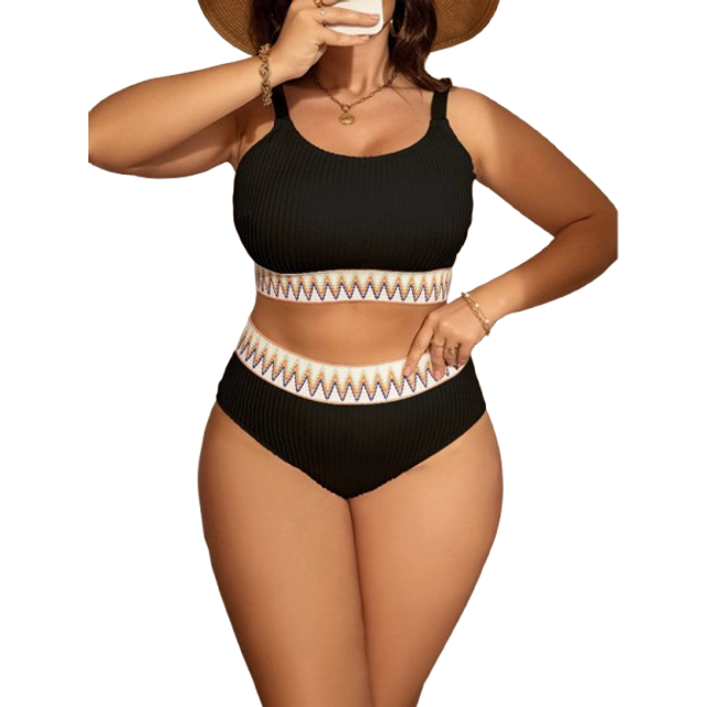 Plus Chevron Tape Bikini Set Cami Toppar & Hög Midja Botten 2 stycken Baddräkt - Svart (0XL,1XL,2XL,3XL,4XL)