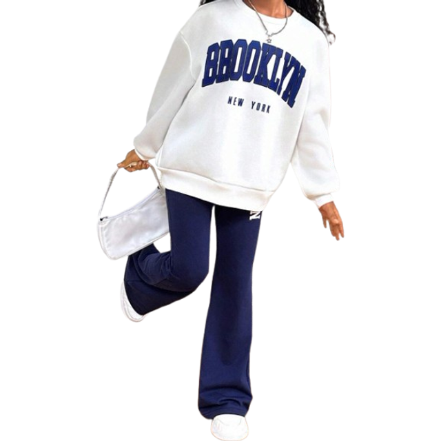 SHEIN 2pcs/Set Tween Girls&#39; Casual School Style Contrast Color Print Crew Neck Long Sleeve Sweatshirt & Jogger Pants Set