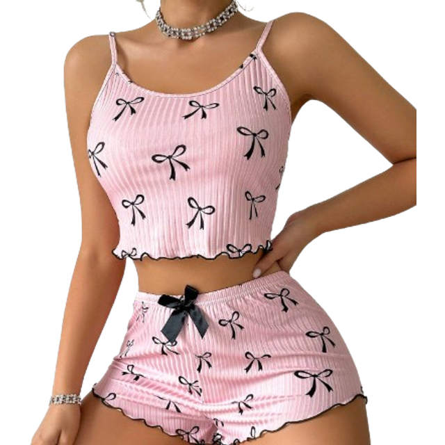 SHEIN Bow Knot Printed Camisole And Shorts Pajama Set Bow Tie