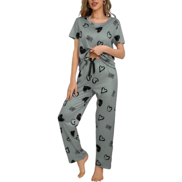SHEIN Women Heart Print Crew Neck Short Sleeve T-Shirt And Drawstring Waist Pants Casual Pajama Set