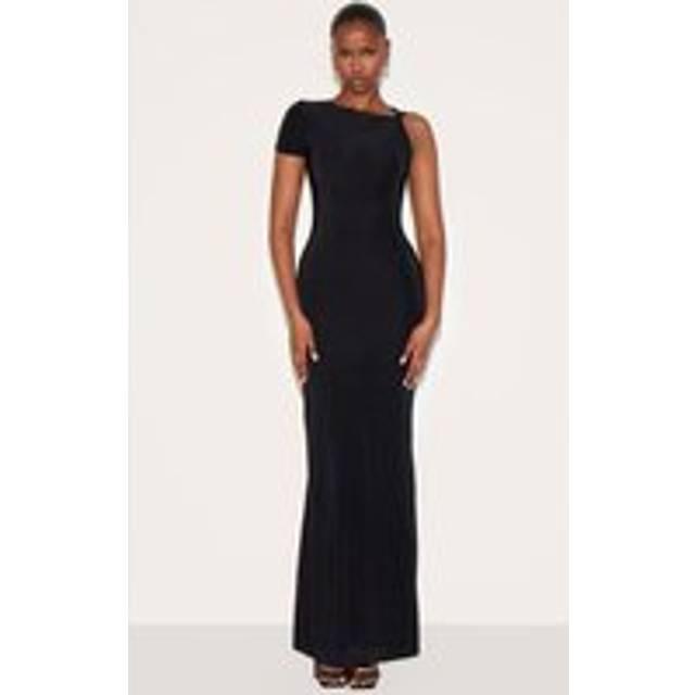 Black Double Layer Slinky Knot Shoulder Cap Sleeve Maxi Dress, Black - 14