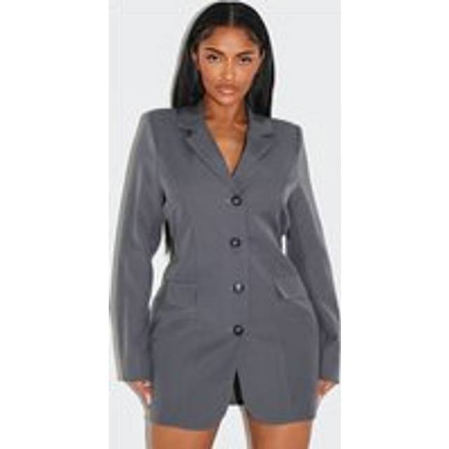 Shape Charcoal Woven Conched Adjustable Waist Blazer Dress, Grey - 12