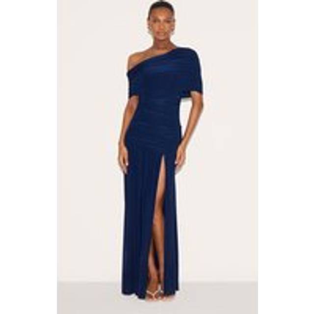 Navy Double Layer Slinky Bardot One Shoulder Ruched Maxi Dress, Blue - 10