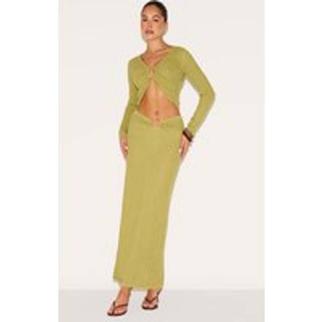 Olive Pointelle Knit Trim Split Maxi Skirt, Green