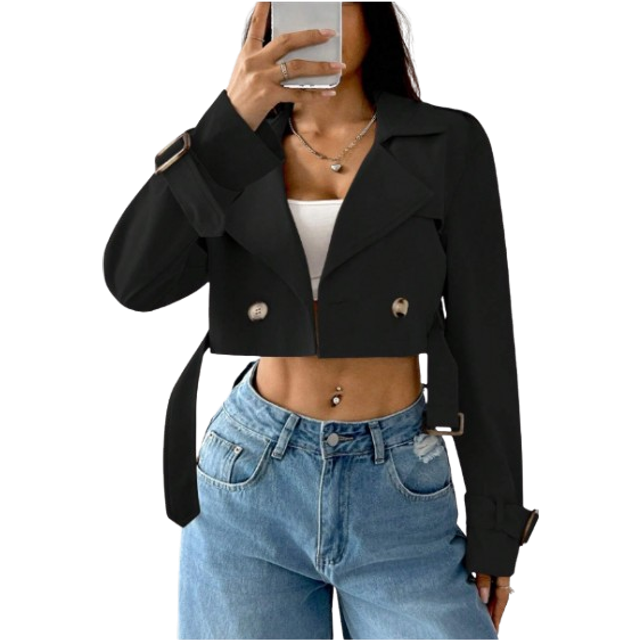 SHEIN Women&#39;s Solid Color Lapel Collar Long Sleeve Cropped Casual Trench Coat, Spring & Autumn