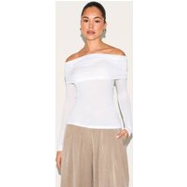 White Sheer Soft Touch Fold Over Detail Bardot Long Sleeve Top, White - 14