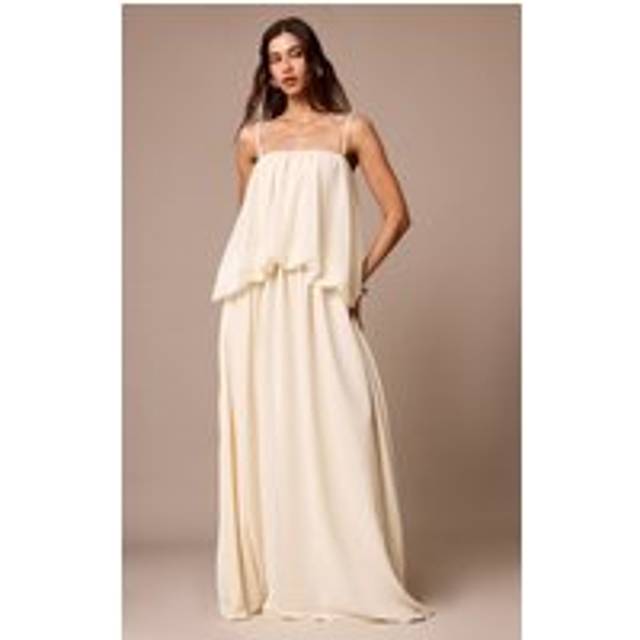Cream Chiffon Layered Puffball Maxi Dress, White - 4