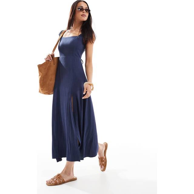 Stradivarius Flowing linen blend maxi dress with crossed back Navy blue M