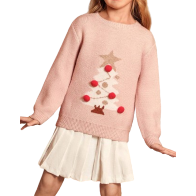 SHEIN Young Girls&#39; Casual Christmas Tree Pattern Knitted Sweater With Pompom Decor, Long Sleeve Crew Neck Pullover, Soft Material Suitable For Daily, Outdoo