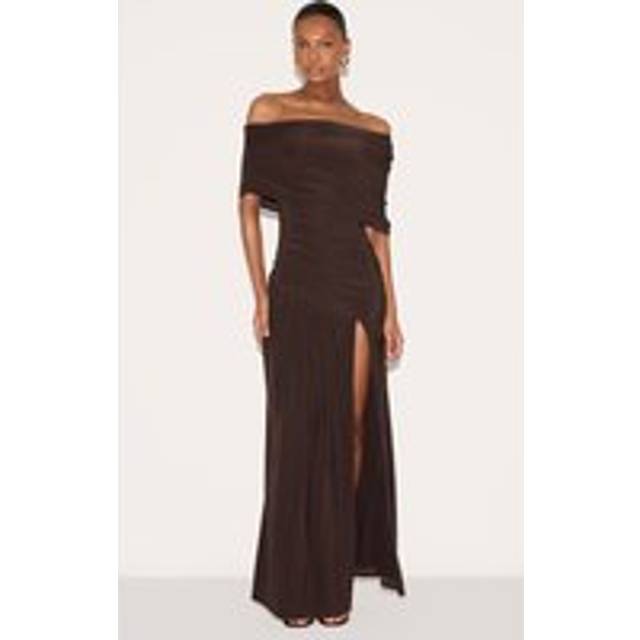 Chocolate Brown Double Layer Slinky Bardot One Shoulder Ruched Maxi Dress, Chocolate Brown - 16