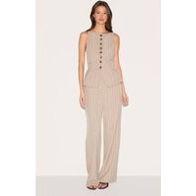 Brown Pinstripe Linen Button Down Peplum Hem Jumpsuit, Brown - 8