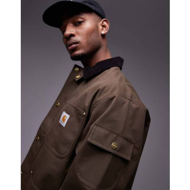 Carhartt Wip, Jacka, Herr, L, Bomull, Logo Front Zip Kappa Fyra Fickor - brown (L)