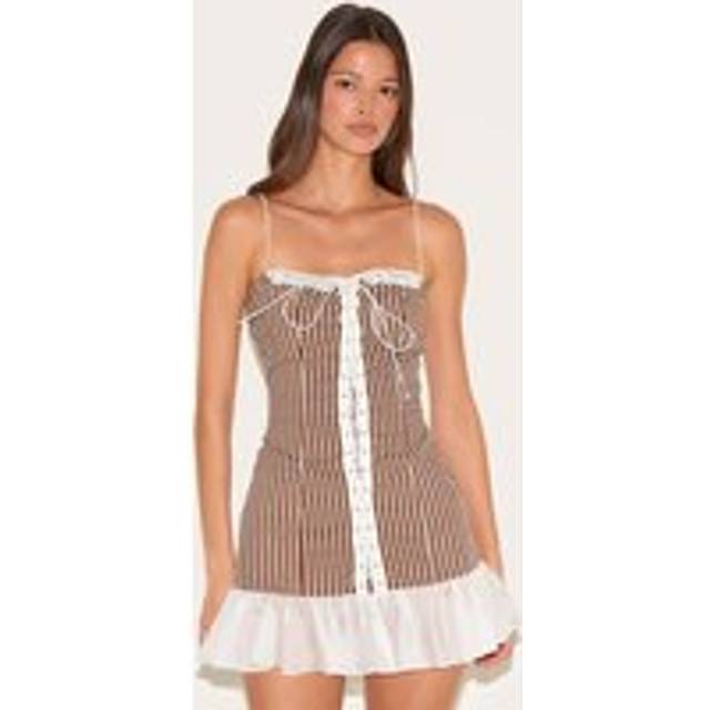 Chocolate Striped Lace Up Frill Hem Bodycon Dress, Chocolate - 16