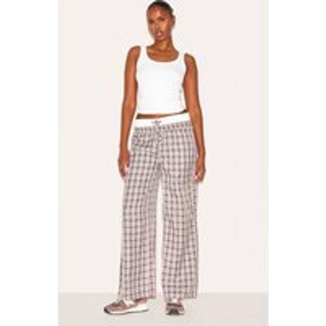 Brown Gingham Print Button Front Straight Leg Trousers, Brown - 14