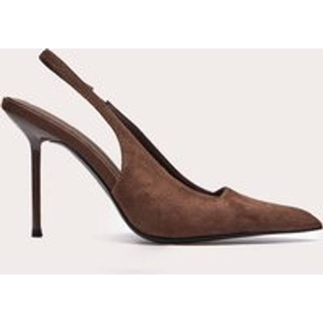 Chocolate Faux Suede Point Toe Sling Back Heeled Courts, Chocolate - 8