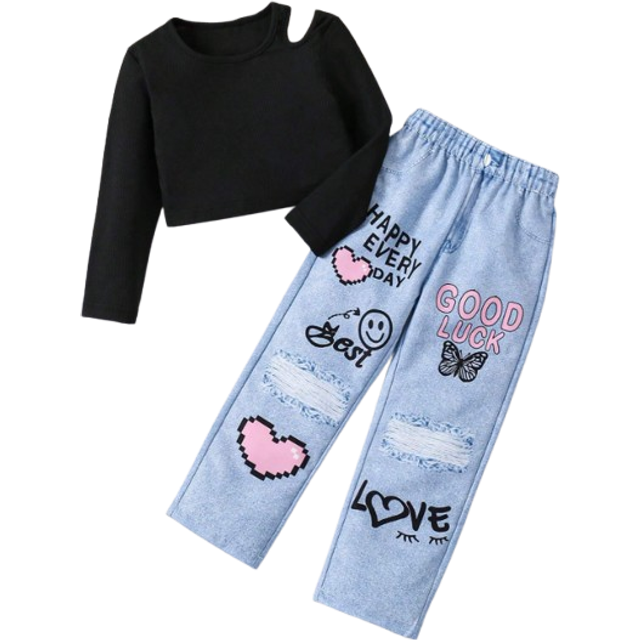 SHEIN Young Girl And Young Girl 2pcs/Set Casual Street Chic Short Crop Sweatshirt + Graffiti Print Straight Pants, For Outdoor/Casual Wear In Autumn/Winter