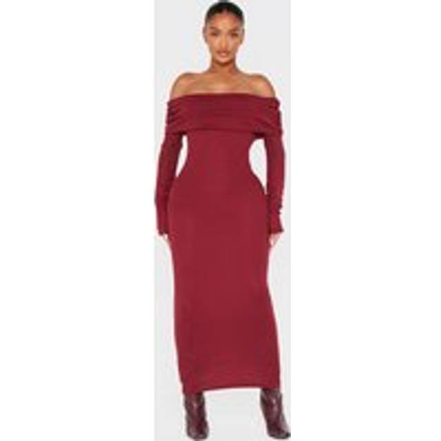 Shape Burgundy Rib Bardot Long Sleeve Maxi Dress, Red - 12