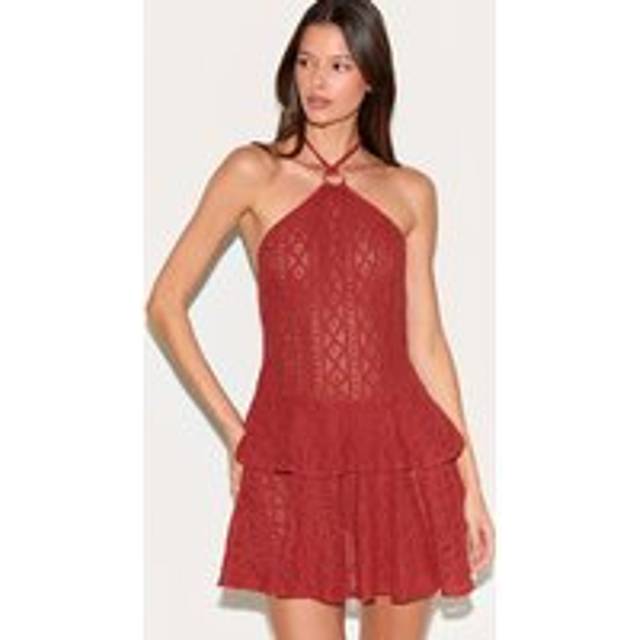 Rust Crochet Halterneck Frill Detail Shift Dress, Orange - 10