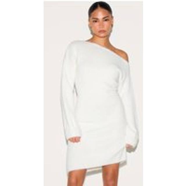 Petite Cream Knit Asymmetric Mini Dress, White - XS