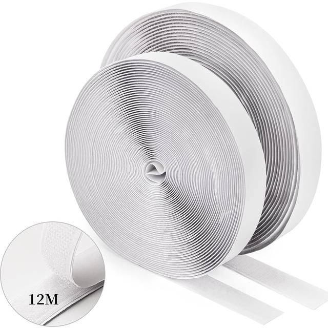 WISYOK Kardborreband 12M x 20mm, Självhäftande Kardborre, Kardborrefästsats Extra stark, Dubbelsidig Självhäftande Tejp med Kardborreband, Självhäftande Dyna Fluffband och Krokband - Vit