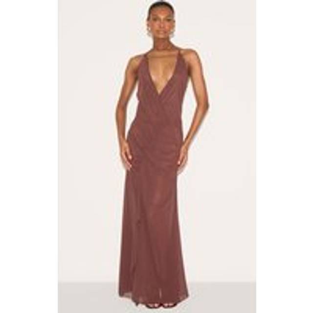 Chocolate Chiffon Asymmetric Ruched Maxi Dress, Chocolate - 10