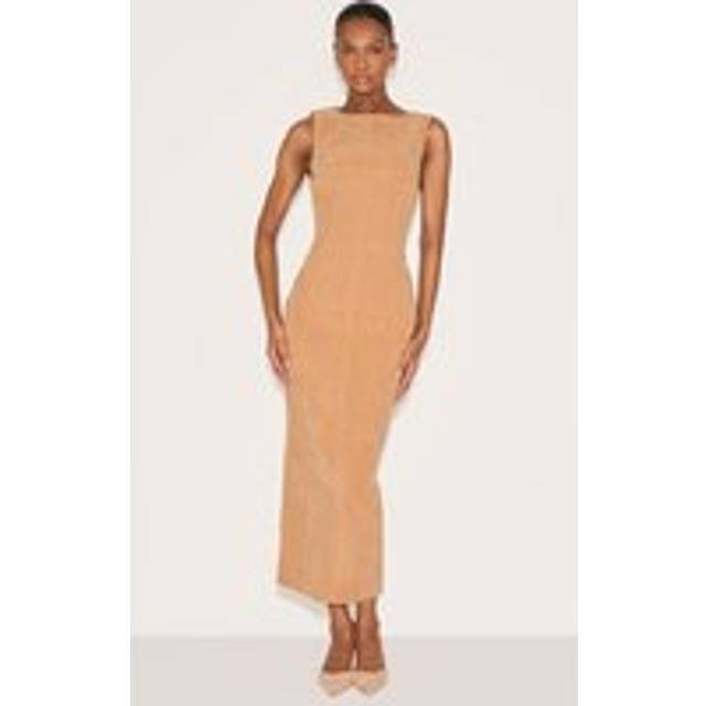Butter Yellow Faux Suede Boat Neck Backless Maxi Dress, Butter Yellow - 6