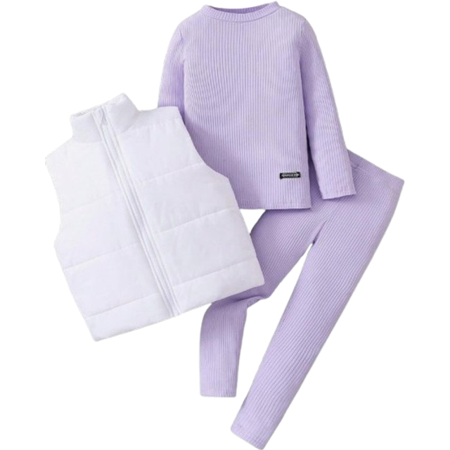 SHEIN Young Girl 3pcs Casual Set: White Cropped Padded Vest Jacket, Purple Long Sleeve Ribbed T-Shirt, And Leggings. Suitable For Winter, Casual, Daily, Sch