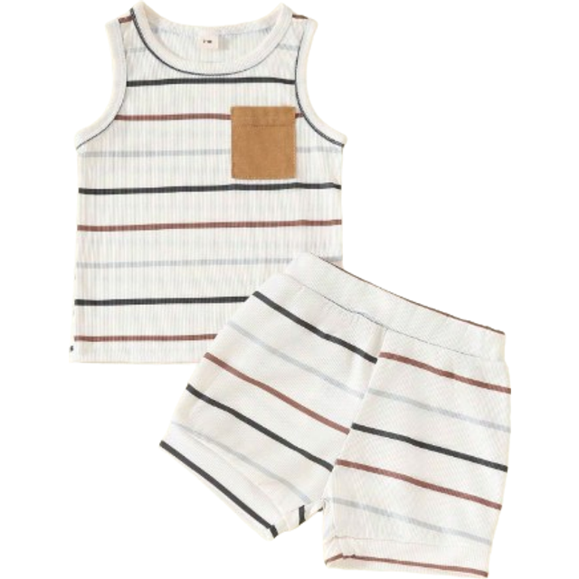 SHEIN Fashion Ribbed Baby Boy Toddler Clothing Infant Clothing Striped Vest Elastic Waist Shorts Summer Outfit
