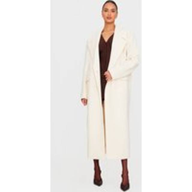 Ecru Wool Look Double Breasted Oversized Maxi Coat, Ecru - 14