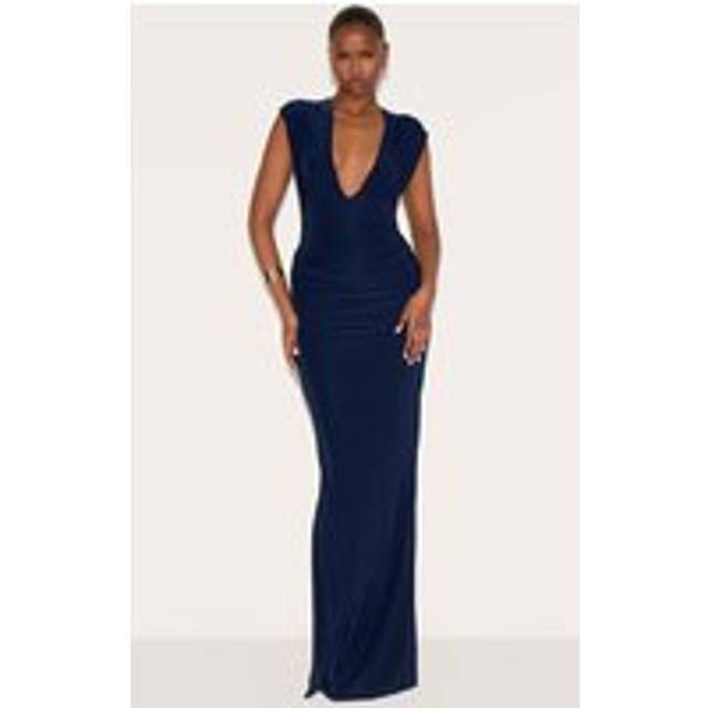Navy Double Layer Plunge Ruched Shoulder Drape Waist Maxi Dress, Blue - 12