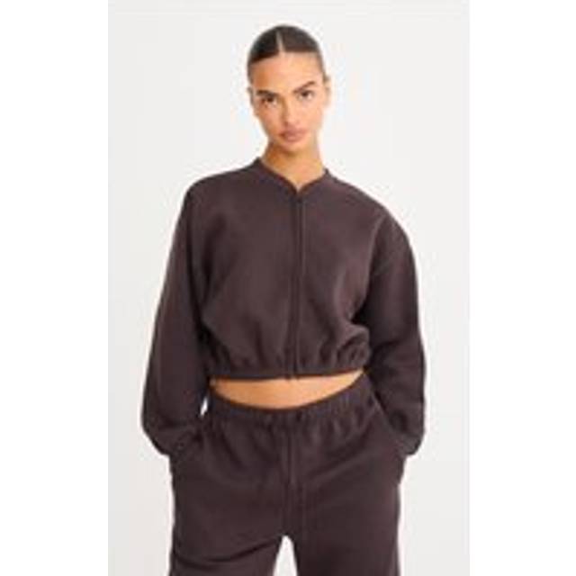 Dark Chocolate Drawcord Waist Cropped Zip Up Sweatshirt, Dark Chocolate - XS