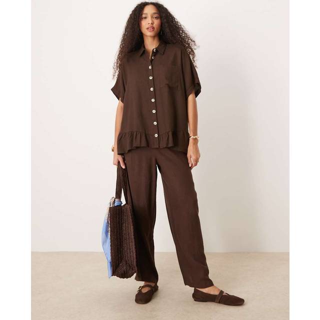 River Island – Mörkbruna linnebyxor, del av set